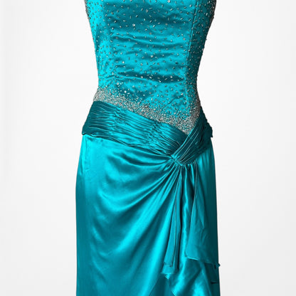 Vintage Y2K Blue Silk Beaded Strapless Ruffle Side Slit Maxi Prom Dress Size S