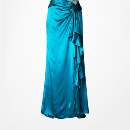 Vintage Y2K Blue Silk Beaded Strapless Ruffle Side Slit Maxi Prom Dress Size S