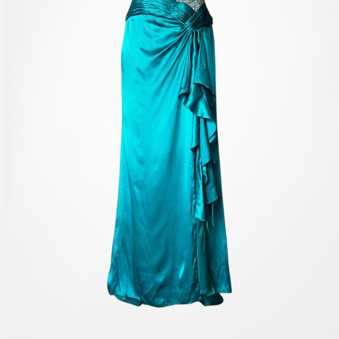 Vintage Y2K Blue Silk Beaded Strapless Ruffle Side Slit Maxi Prom Dress Size S