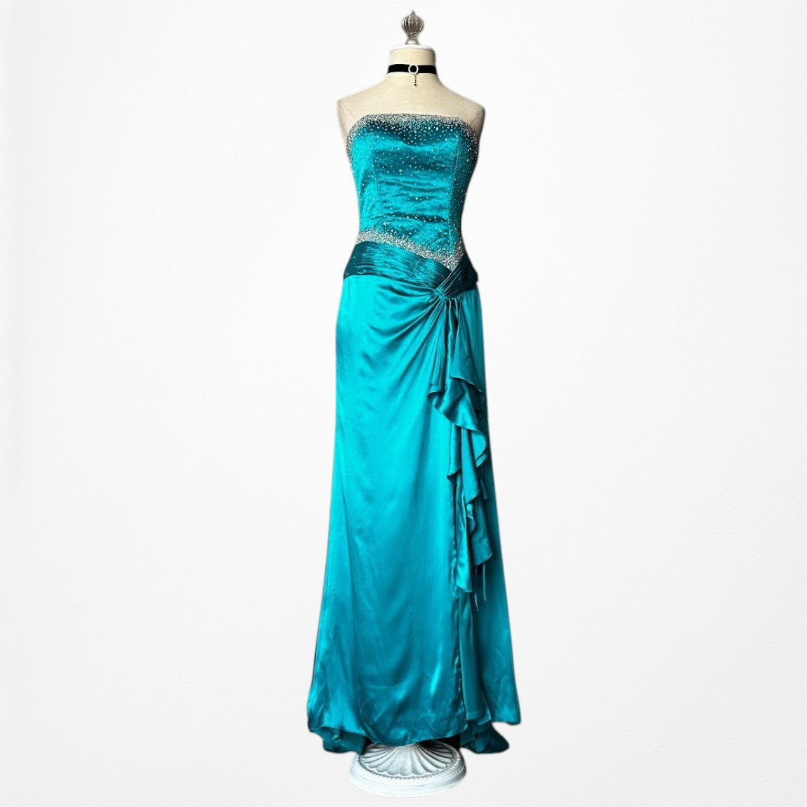 Vintage Y2K Blue Silk Beaded Strapless Ruffle Side Slit Maxi Prom Dress Size S