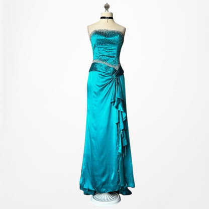 Vintage Y2K Blue Silk Beaded Strapless Ruffle Side Slit Maxi Prom Dress Size S