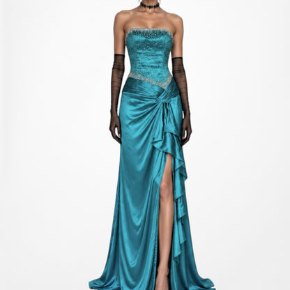 Vintage Y2K Blue Silk Beaded Strapless Ruffle Side Slit Maxi Prom Dress Size S