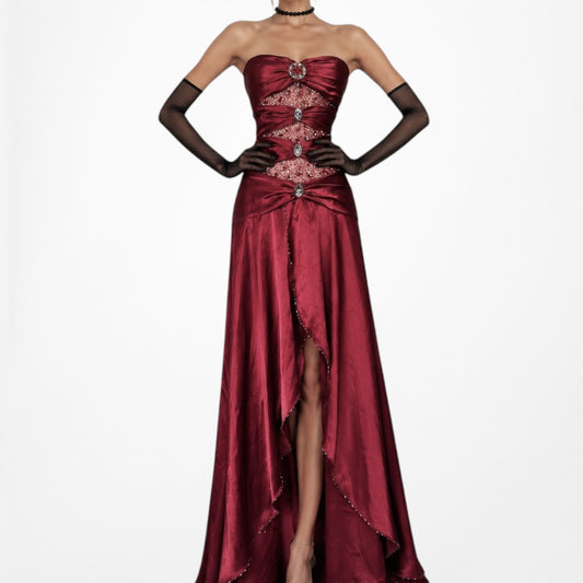 Vintage Y2K Red Strapless Satin Beaded Ruffle Maxi Formal Prom Dress Size XS/S
