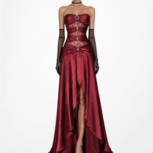 Vintage Y2K Red Strapless Satin Beaded Ruffle Maxi Formal Prom Dress Size XS/S
