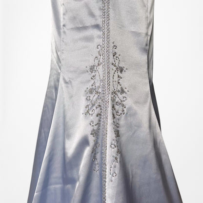 Vintage Y2K Pastel Blue Satin Halter Beaded Fit Flared Maxi Prom Dress Size M/L
