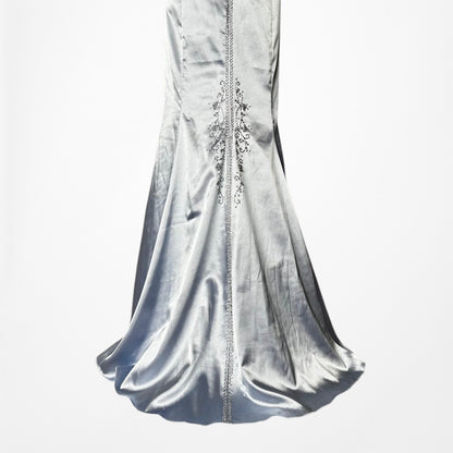 Vintage Y2K Pastel Blue Satin Halter Beaded Fit Flared Maxi Prom Dress Size M/L