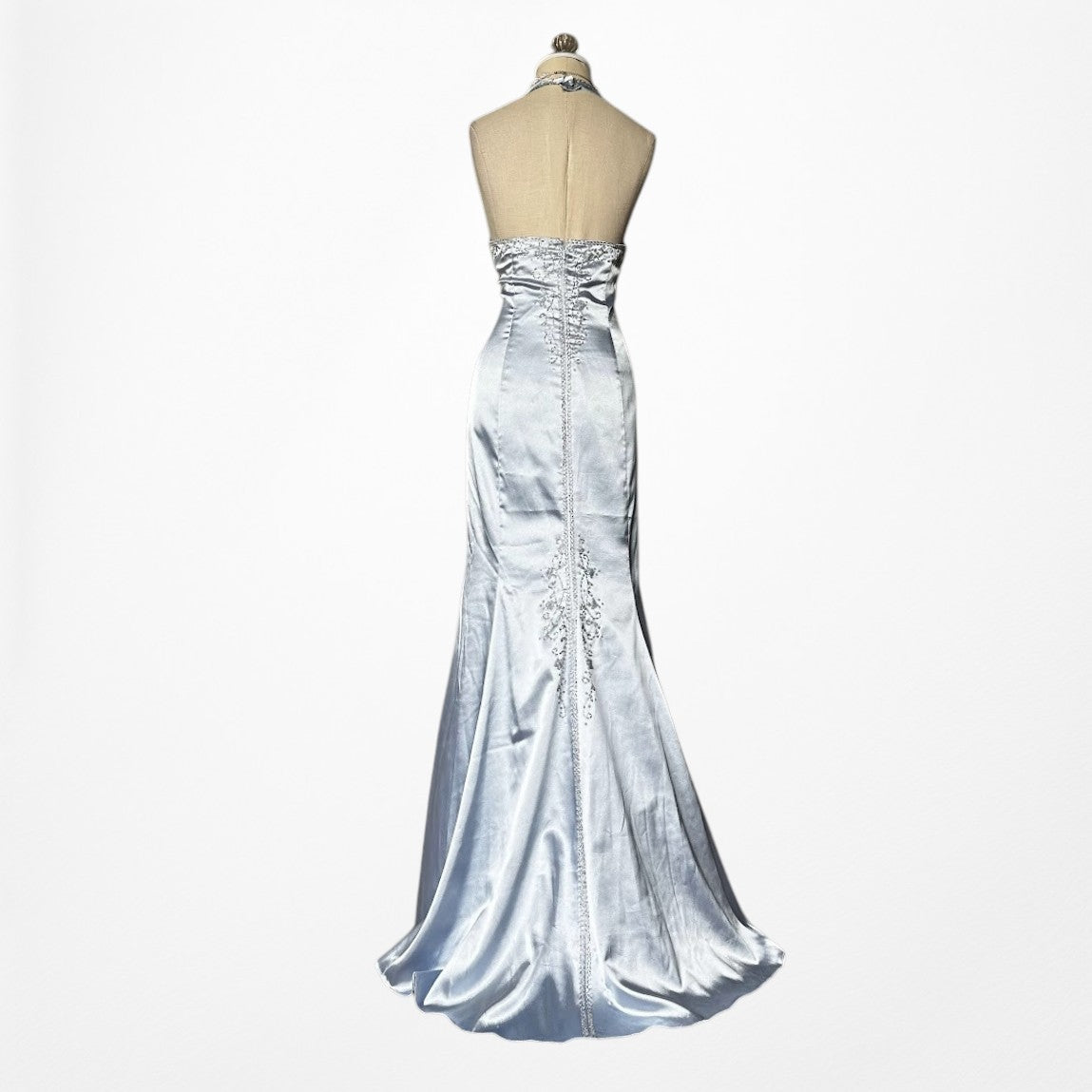 Vintage Y2K Pastel Blue Satin Halter Beaded Fit Flared Maxi Prom Dress Size M/L