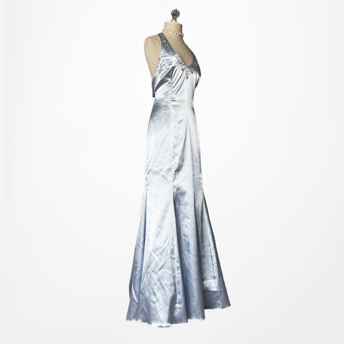 Vintage Y2K Pastel Blue Satin Halter Beaded Fit Flared Maxi Prom Dress Size M/L
