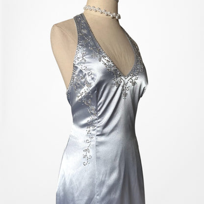 Vintage Y2K Pastel Blue Satin Halter Beaded Fit Flared Maxi Prom Dress Size M/L