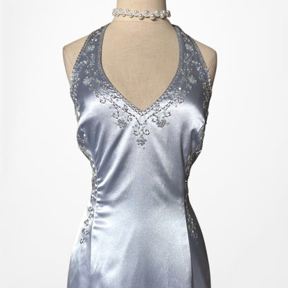 Vintage Y2K Pastel Blue Satin Halter Beaded Fit Flared Maxi Prom Dress Size M/L