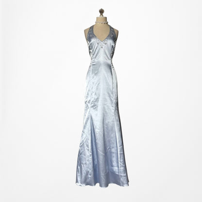 Vintage Y2K Pastel Blue Satin Halter Beaded Fit Flared Maxi Prom Dress Size M/L
