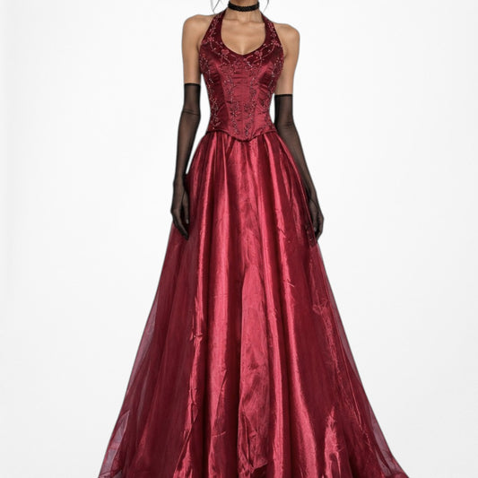 Vintage Y2K Red Floral Beaded Satin Flared Corset Maxi Prom Dress Size XS/S