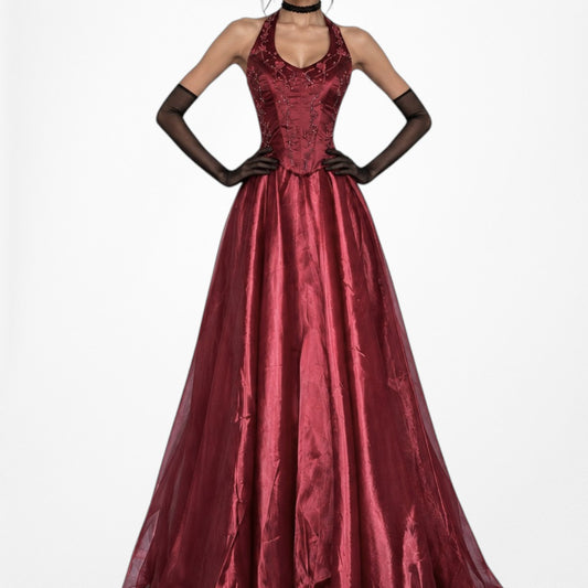 Vintage Y2K Red Floral Beaded Satin Flared Corset Maxi Prom Dress Size XS/S