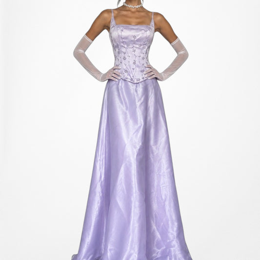 Vintage Y2K Pastel Purple Floral Beaded Satin Flared Corset Maxi Prom Dress S