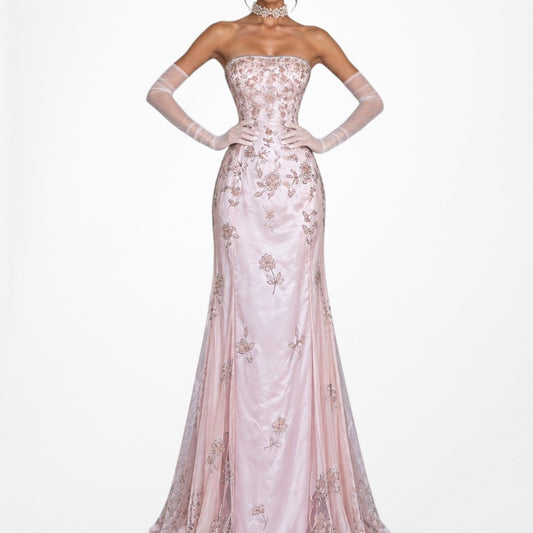 Vintage Y2K Pastel Pink Strapless Floral Beaded Mesh Maxi Prom Dress Size M