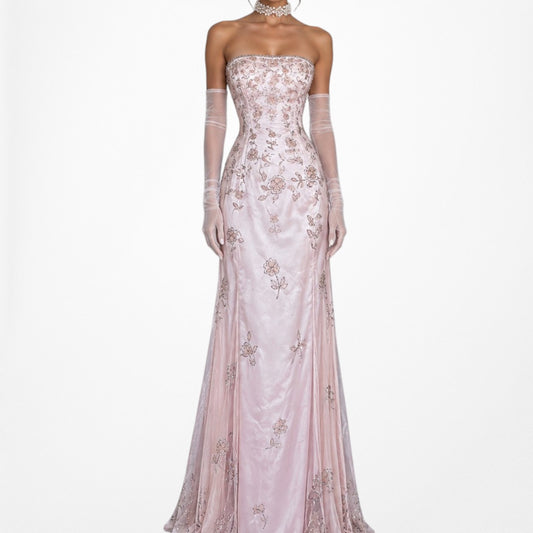 Vintage Y2K Pastel Pink Strapless Floral Beaded Mesh Maxi Prom Dress Size M