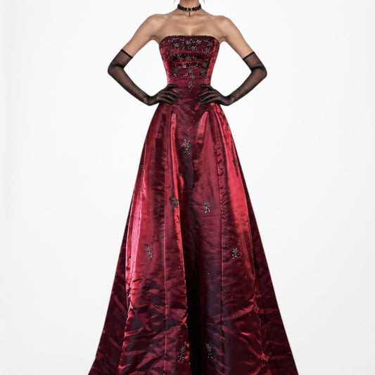 Vintage Y2K Burgundy Red Floral Beaded Satin Strapless Maxi Prom Dress Size XS/S