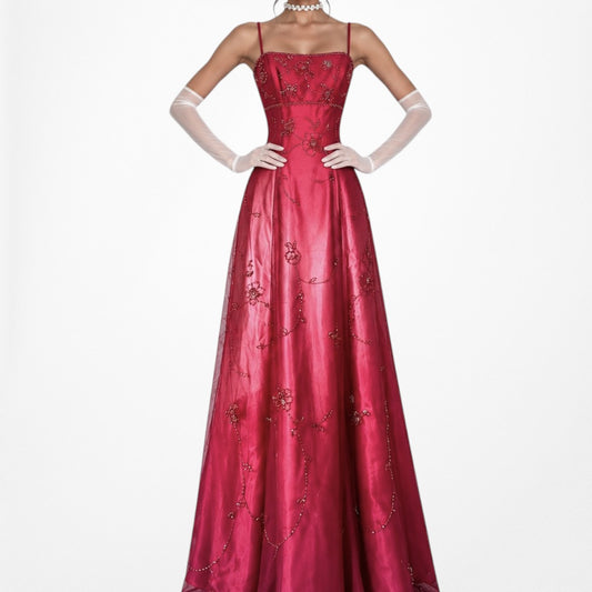 Vintage Y2K 90s Pink Floral Beaded Ombre Satin Mesh Maxi Prom Dress Size XS/S