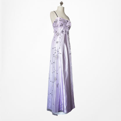 Vintage Y2K Pastel Purple Ombre Floral Beaded Mesh Satin Maxi Prom Dress M/L