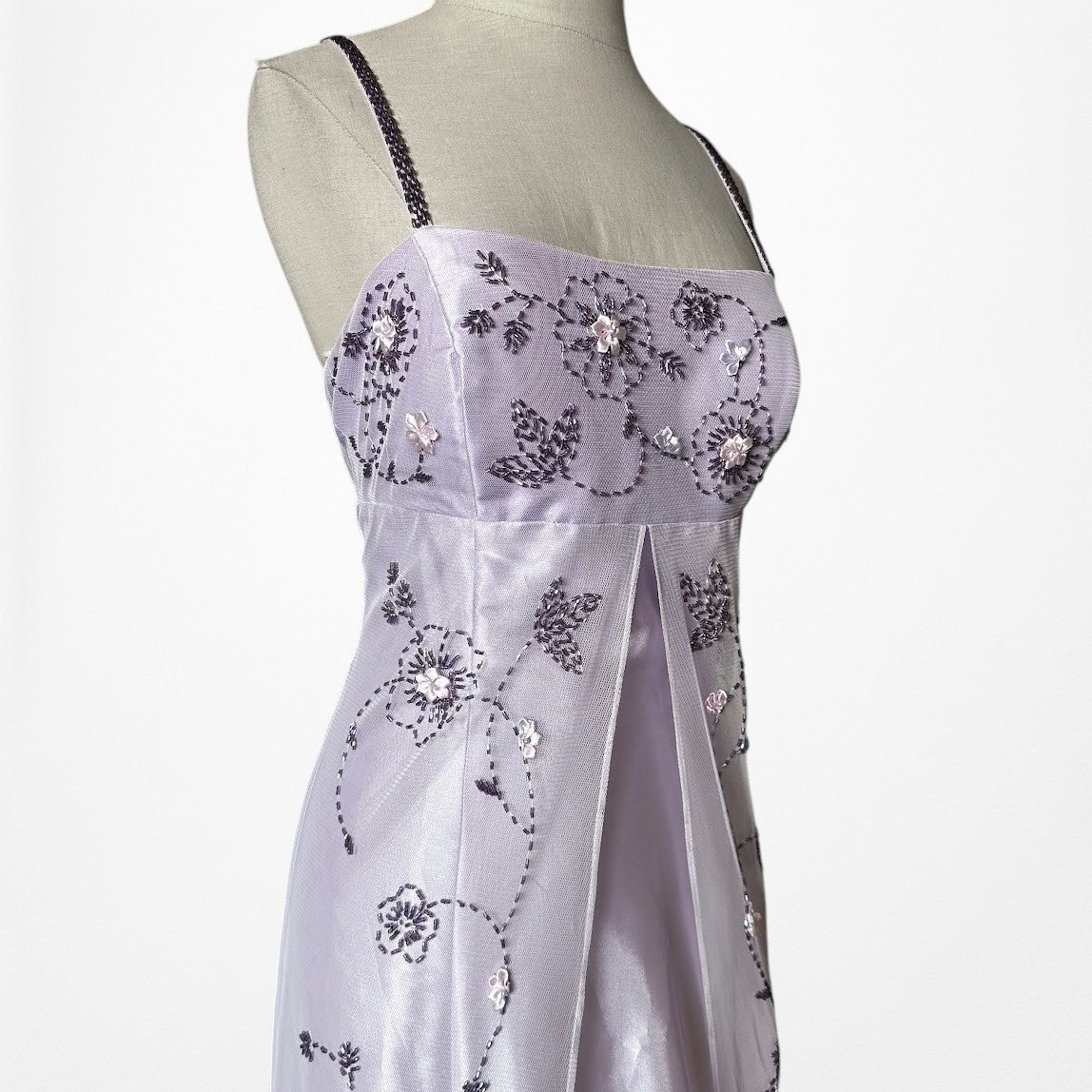 Vintage Y2K Pastel Purple Ombre Floral Beaded Mesh Satin Maxi Prom Dress M/L