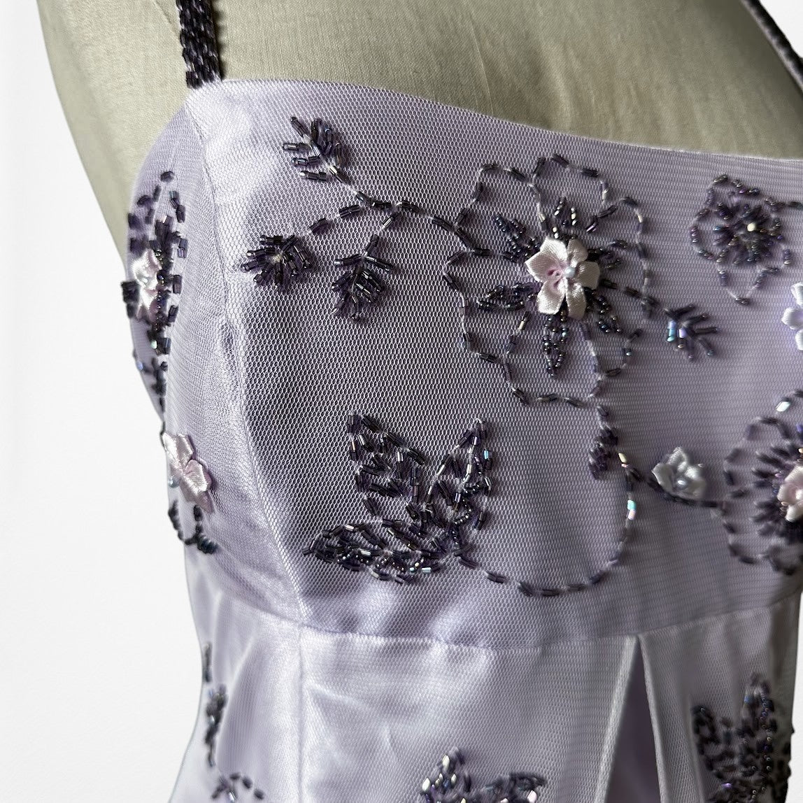 Vintage Y2K Pastel Purple Ombre Floral Beaded Mesh Satin Maxi Prom Dress M/L