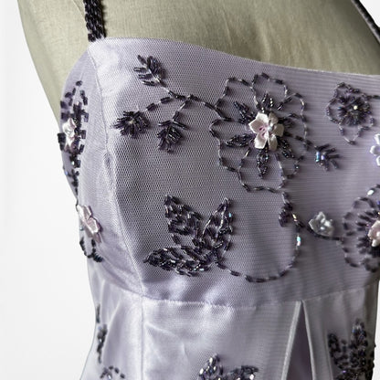 Vintage Y2K Pastel Purple Ombre Floral Beaded Mesh Satin Maxi Prom Dress M/L
