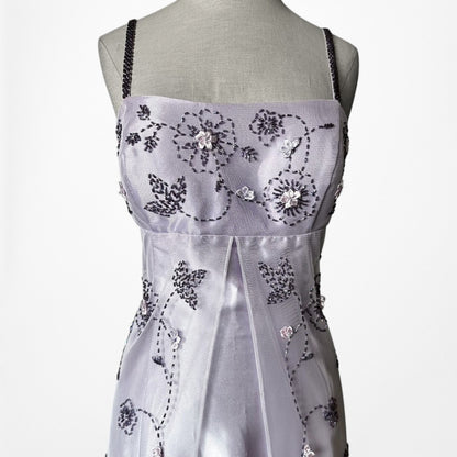 Vintage Y2K Pastel Purple Ombre Floral Beaded Mesh Satin Maxi Prom Dress M/L