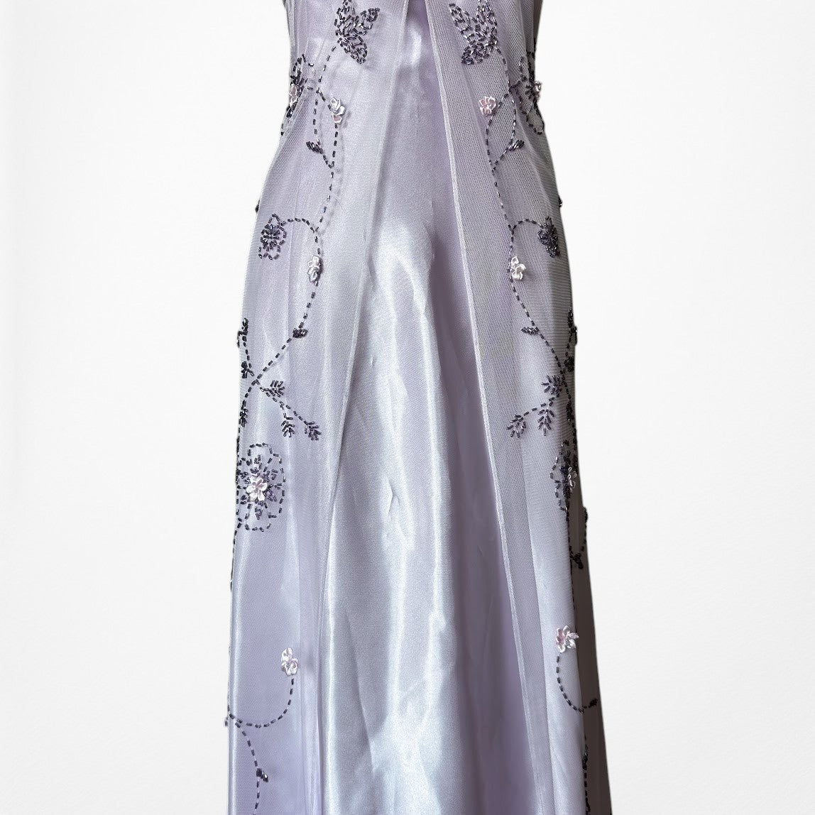 Vintage Y2K Pastel Purple Ombre Floral Beaded Mesh Satin Maxi Prom Dress M/L