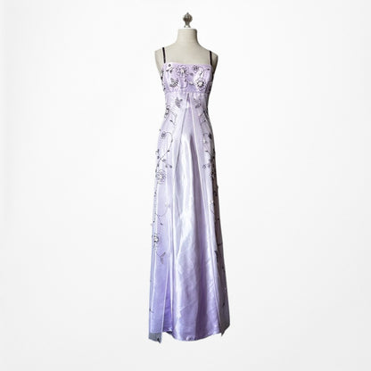 Vintage Y2K Pastel Purple Ombre Floral Beaded Mesh Satin Maxi Prom Dress M/L