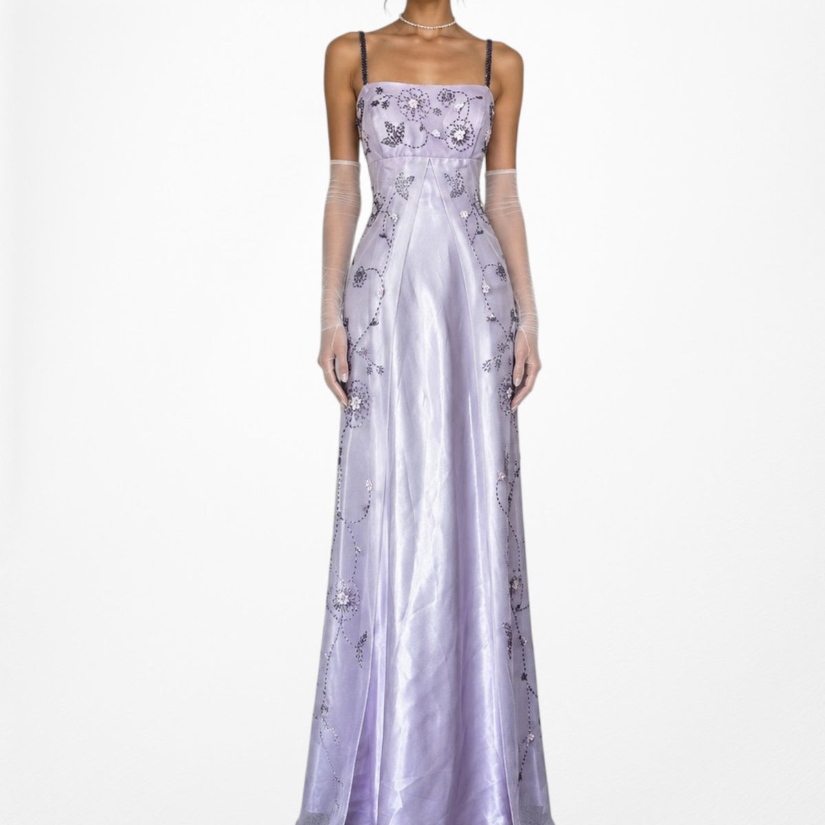 Vintage Y2K Pastel Purple Ombre Floral Beaded Mesh Satin Maxi Prom Dress M/L