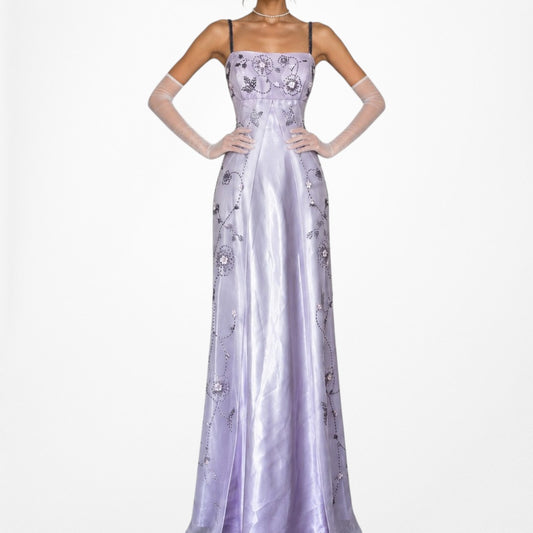 Vintage Y2K Pastel Purple Ombre Floral Beaded Mesh Satin Maxi Prom Dress M/L