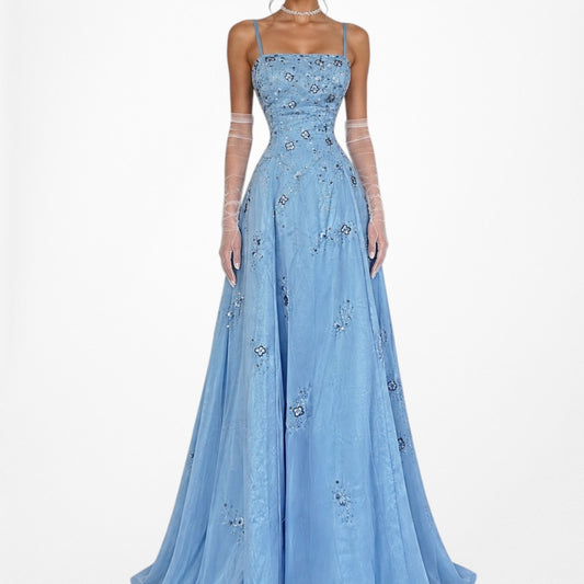Vintage Y2K Blue Floral Beaded Flared Tulle Lined Formal Maxi Prom Dress Size M