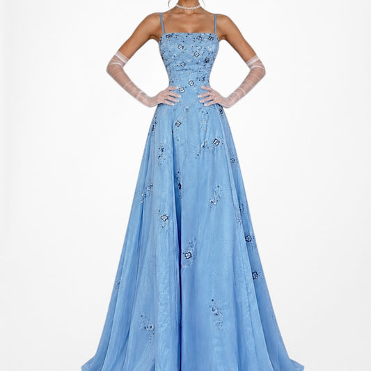 Vintage Y2K Blue Floral Beaded Flared Tulle Lined Formal Maxi Prom Dress Size M