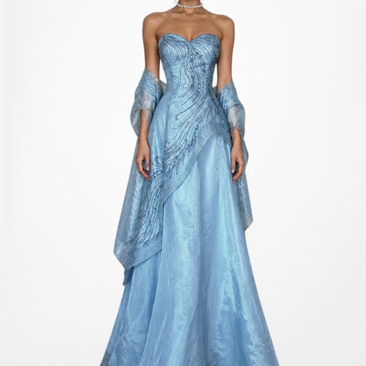 Vintage Y2K Blue Strapless Beaded Flared Tulle Maxi Formal Prom Dress Size M/L