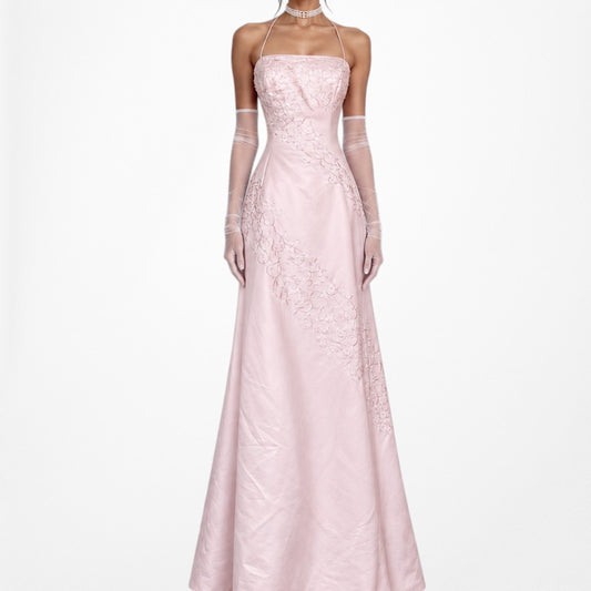 Vintage Y2K Pastel Pink Satin Floral Beaded Halter Flared Maxi Prom Dress Size M