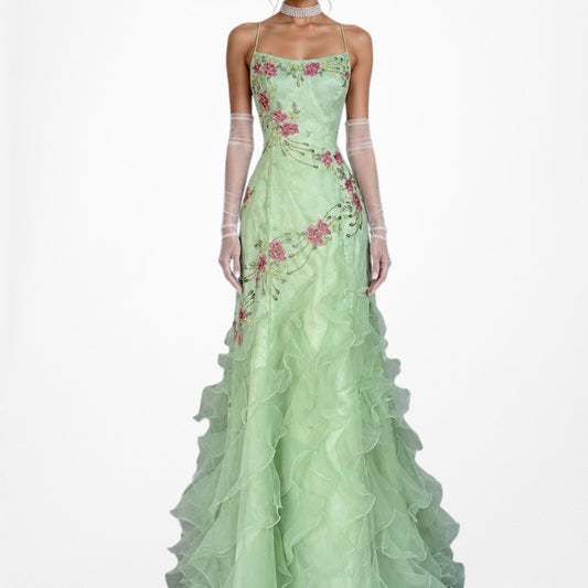 Vintage Y2K Green Floral Beaded Ruffle Flared Maxi Formal Prom Dress Size M