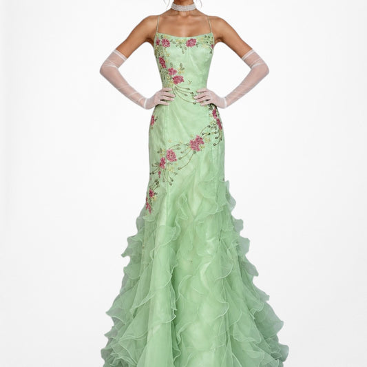 Vintage Y2K Green Floral Beaded Ruffle Flared Maxi Formal Prom Dress Size M