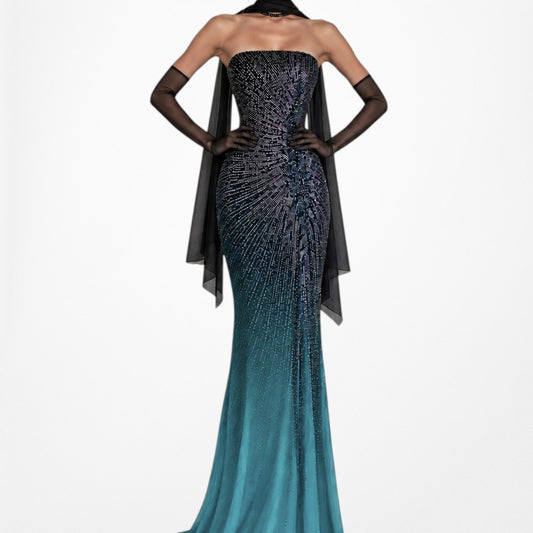 Vintage Y2K Blue Beaded Strapless Silk Ombre Maxi Formal Prom Dress Size S