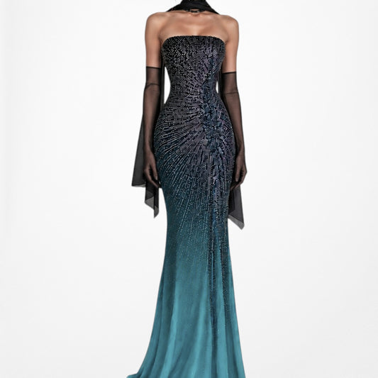 Vintage Y2K Blue Beaded Strapless Silk Ombre Maxi Formal Prom Dress Size S