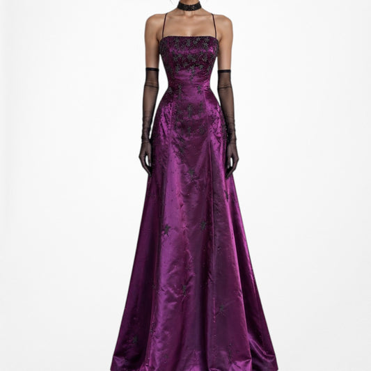 Vintage Y2K Purple Floral Beaded Satin Flared Formal Maxi Prom Dress Size XS/S