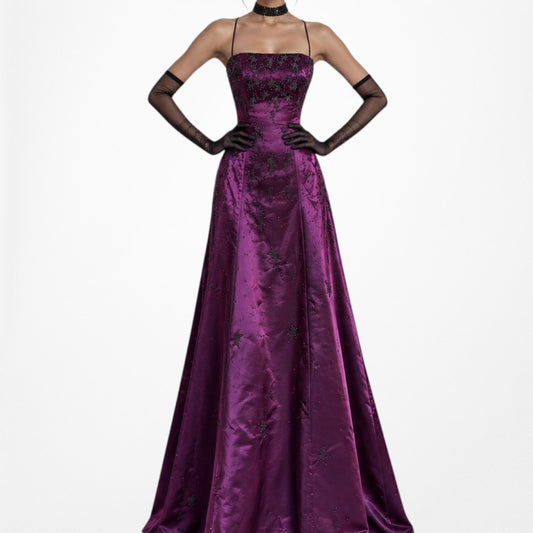 Vintage Y2K Purple Floral Beaded Satin Flared Formal Maxi Prom Dress Size XS/S