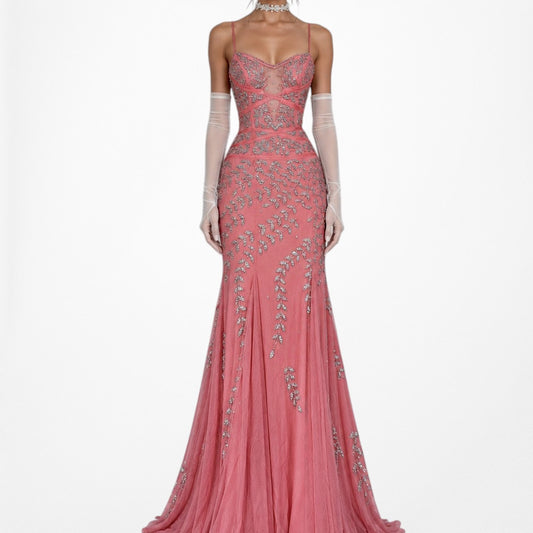 Vintage Y2K Salmon Pink Mesh Beaded Rhinestone Maxi Formal Prom Dress Size XS/S