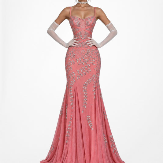 Vintage Y2K Salmon Pink Mesh Beaded Rhinestone Maxi Formal Prom Dress Size XS/S