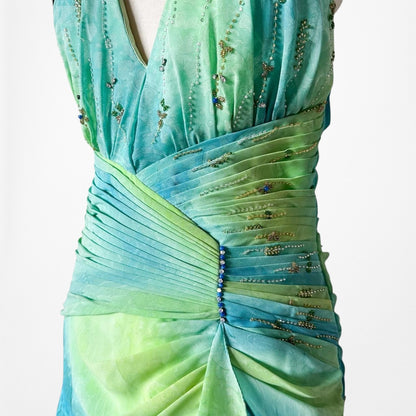 Vintage Y2K Blue Green Halter Neck Ruffle Beaded Midi Dress Size S/M