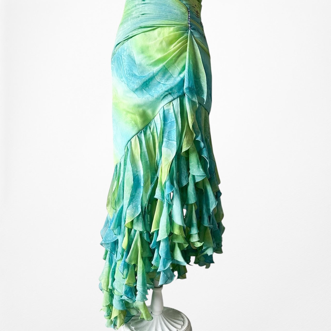 Vintage Y2K Blue Green Halter Neck Ruffle Beaded Midi Dress Size S/M