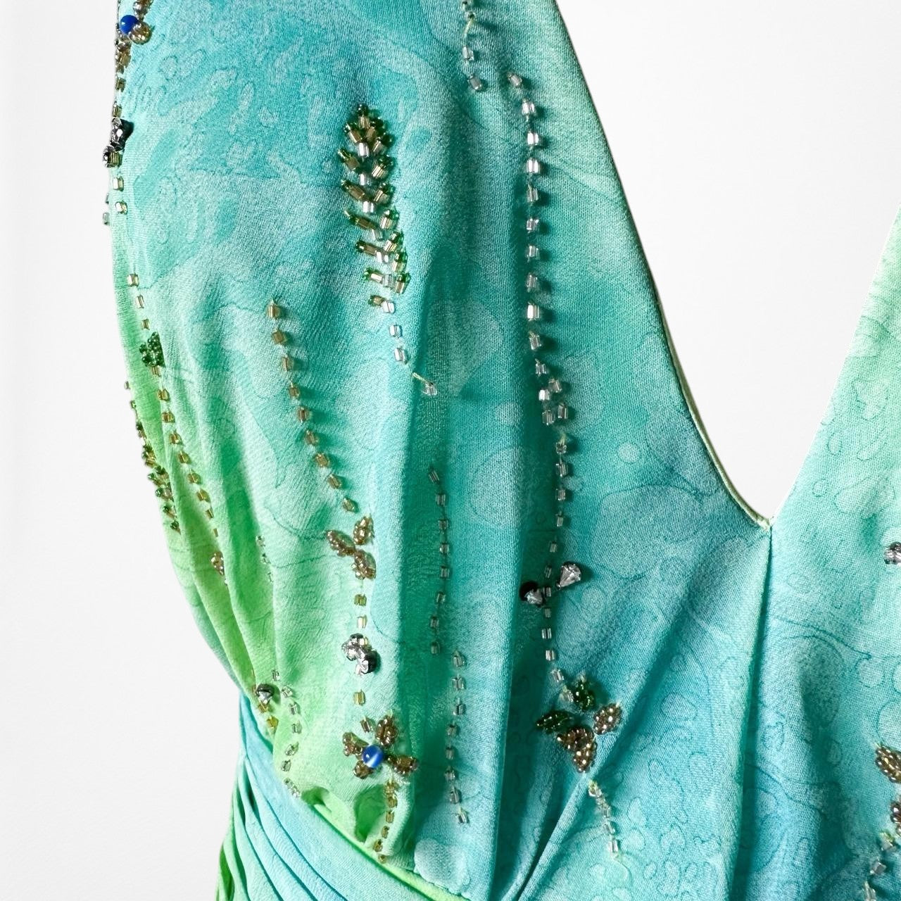 Vintage Y2K Blue Green Halter Neck Ruffle Beaded Midi Dress Size S/M