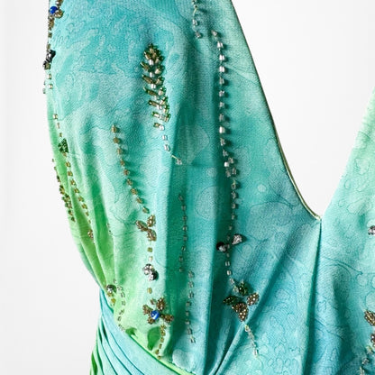 Vintage Y2K Blue Green Halter Neck Ruffle Beaded Midi Dress Size S/M