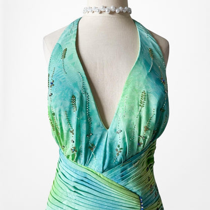Vintage Y2K Blue Green Halter Neck Ruffle Beaded Midi Dress Size S/M