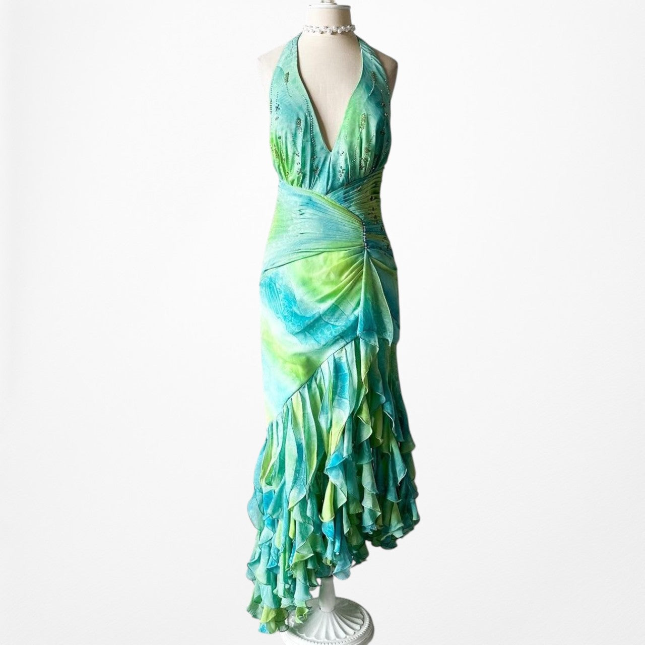 Vintage Y2K Blue Green Halter Neck Ruffle Beaded Midi Dress Size S/M