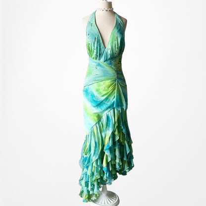 Vintage Y2K Blue Green Halter Neck Ruffle Beaded Midi Dress Size S/M